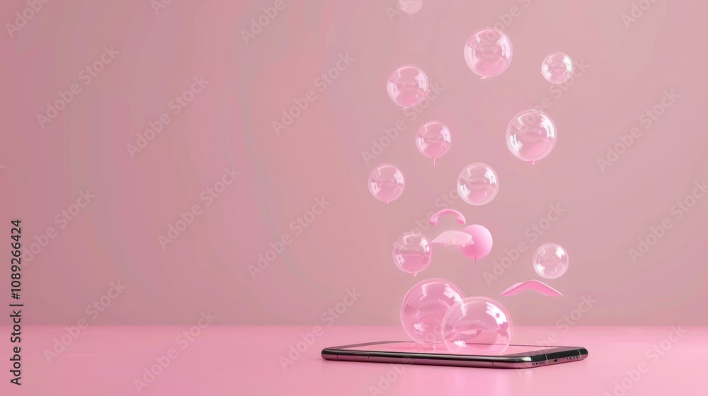 3D illustration of a smartphone with messaging bubbles floating above it on a pastel pink background.
3D illustration of a smartphone with messaging bubbles floating above it on a pastel pink background.
