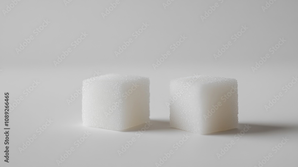 Close-up of two pristine white sugar cubes on a minimalistic clean white background, emphasizing their texture and shape. Close-up of two pristine white sugar cubes on a minimalistic clean white background, emphasizing their texture and shape.
