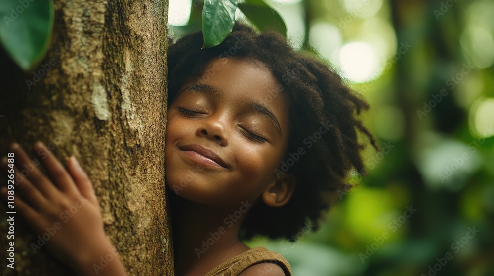 Joyful child with closed eyes lovingly embraces a tree trunk, surrounded by vibrant, lush greenery in a serene forest setting. Joyful child with closed eyes lovingly embraces a tree trunk, surrounded by vibrant, lush greenery in a serene forest setting.