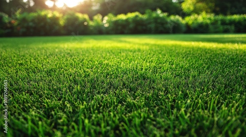 Lush Green Lawn with Sunlight Glimmering Through Trees, Showcasing Healthy Grass and a Peaceful Outdoor Space