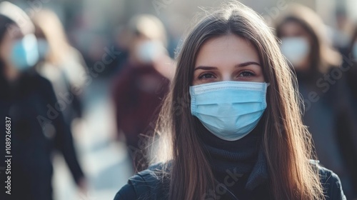 Young woman wearing a blue face mask in a crowd, emphasizing health precautions during the pandemic, with blurred figures in the background.