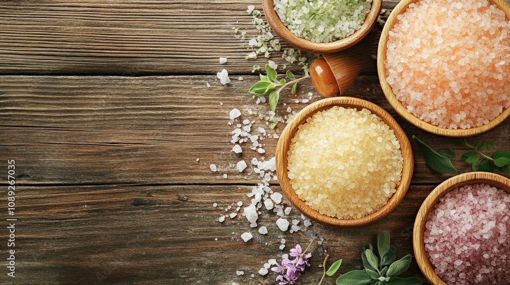 Botanical Salt Herb Mixtures and Essential Oils for Natural Healing with Herbal Blends on Wooden Tabletop Botanical Salt Herb Mixtures and Essential Oils for Natural Healing with Herbal Blends on Wooden Tabletop