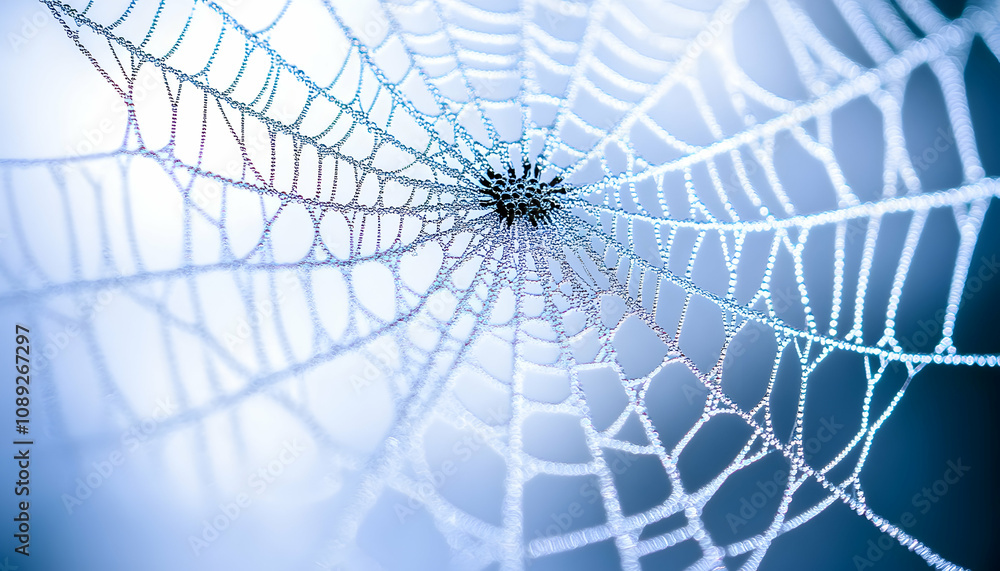 Obraz premium Intricate spiderweb glistening with morning dew, detailed macro photography showcasing nature's artistry.