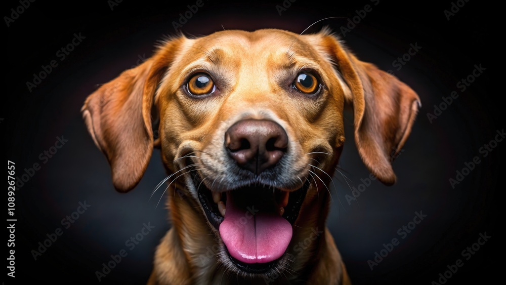 A Golden Dog With A Big Smile Shows Its Tongue, Looking Directly At The Camera A Golden Dog With A Big Smile Shows Its Tongue, Looking Directly At The Camera