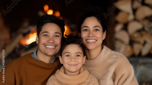 Family portrait by a cozy fireplace, smiling together.