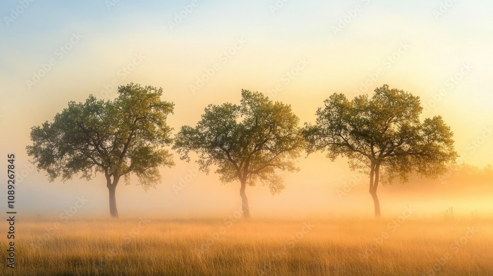 Gentle morning light illuminating three misty trees in a tranquil, softly focused field enveloped in a warm, ethereal fog. Gentle morning light illuminating three misty trees in a tranquil, softly focused field enveloped in a warm, ethereal fog.