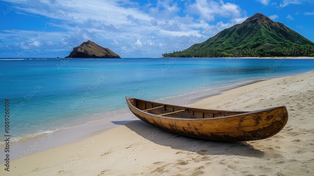 Hawaiian canoe anchored on a serene sandy beach with a striking tropical ocean and lush green mountains in the background under a bright blue sky. Hawaiian canoe anchored on a serene sandy beach with a striking tropical ocean and lush green mountains in the background under a bright blue sky.