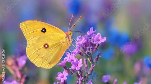 Yellow butterfly resting on vibrant purple wildflowers in a colorful meadow with a softly blurred background of blue, pink, and violet hues.