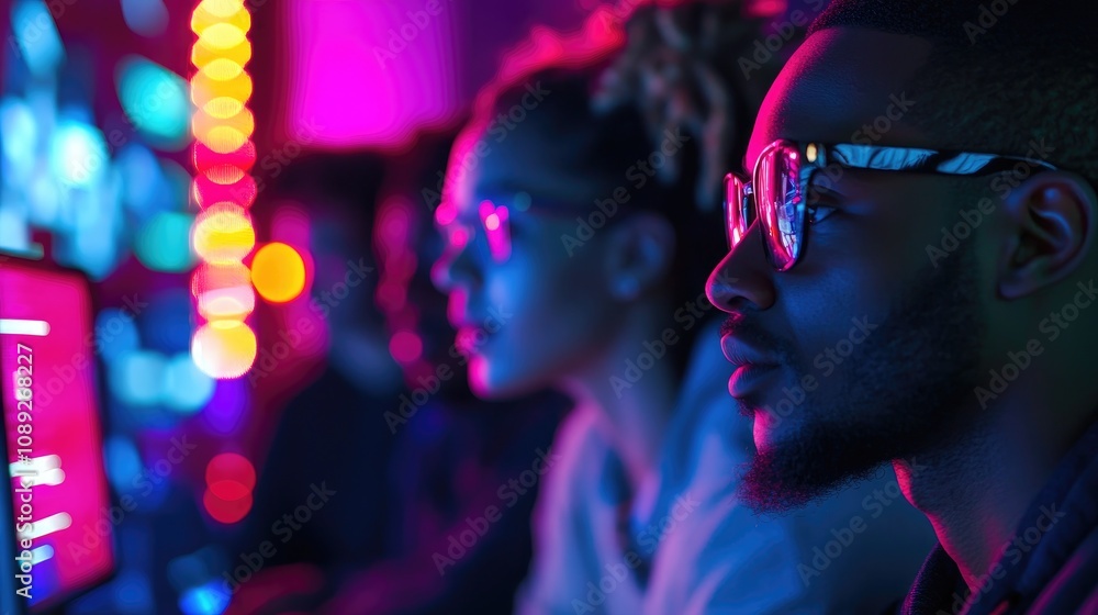 Cybersecurity professionals intently focused on illuminated screens in a dimly lit room, vibrant colors reflecting on their concentrated expressions. Cybersecurity professionals intently focused on illuminated screens in a dimly lit room, vibrant colors reflecting on their concentrated expressions.