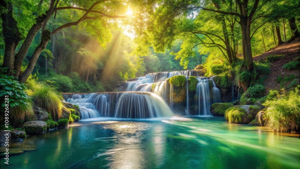 A Tranquil Waterfall Cascades Through Lush Green Foliage Bathed in the Warm Glow of Golden Sunlight A Tranquil Waterfall Cascades Through Lush Green Foliage Bathed in the Warm Glow of Golden Sunlight