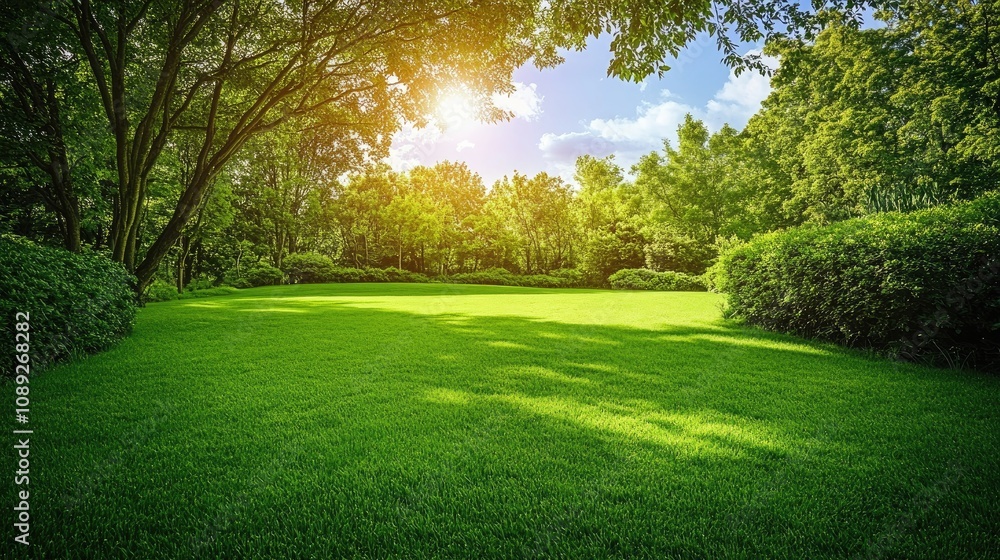 Obraz premium Lush green lawn surrounded by vibrant trees and shrubs, basking in the warm summer sunlight under a clear blue sky.