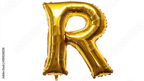 Gold helium inflatable letter R balloon against a white background, part of a decorative uppercase foil alphabet for festive celebrations and events. photo