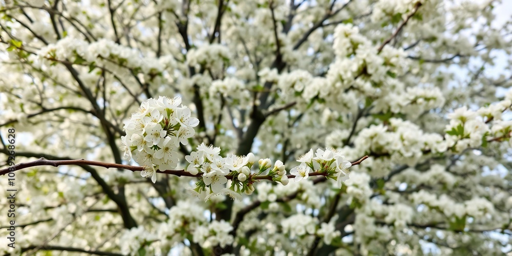 Delicate white blooms adorn a slender branch of an apple tree against a sprawling tree crown in full bloom, botanical garden, apple tree, outdoor landscape Delicate white blooms adorn a slender branch of an apple tree against a sprawling tree crown in full bloom, botanical garden, apple tree, outdoor landscape