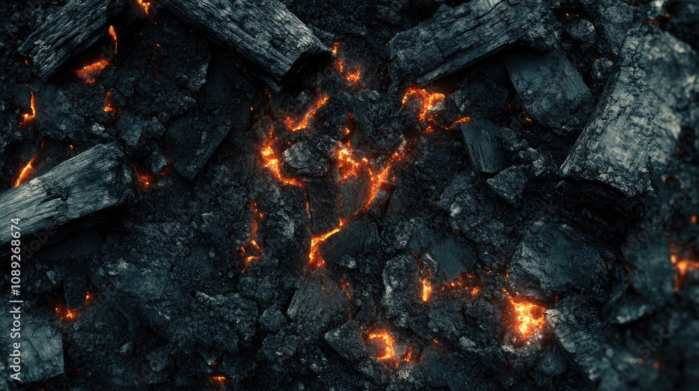 Charred coal texture with glowing embers and burnt wood, creating a dramatic, atmospheric backdrop perfect for grunge or horror themes. Charred coal texture with glowing embers and burnt wood, creating a dramatic, atmospheric backdrop perfect for grunge or horror themes.
