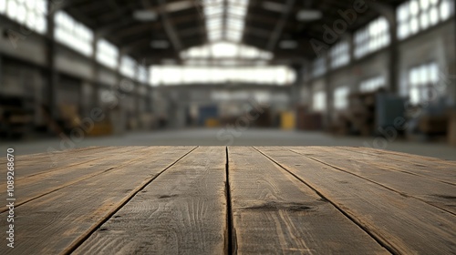 Wooden table with ample copy space, set against a softly blurred industrial warehouse interior featuring large windows and stacked materials.