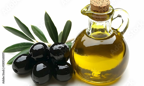 Fresh black olives and a glass bottle of extra virgin olive oil, representing healthy Mediterranean diet. photo