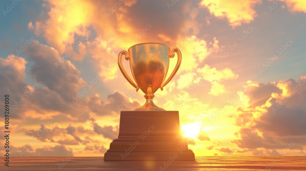 Golden trophy shining on a wooden desk, illuminated by lens flare against a vibrant sunset sky with clouds, symbolizing victory and celebration. Golden trophy shining on a wooden desk, illuminated by lens flare against a vibrant sunset sky with clouds, symbolizing victory and celebration.