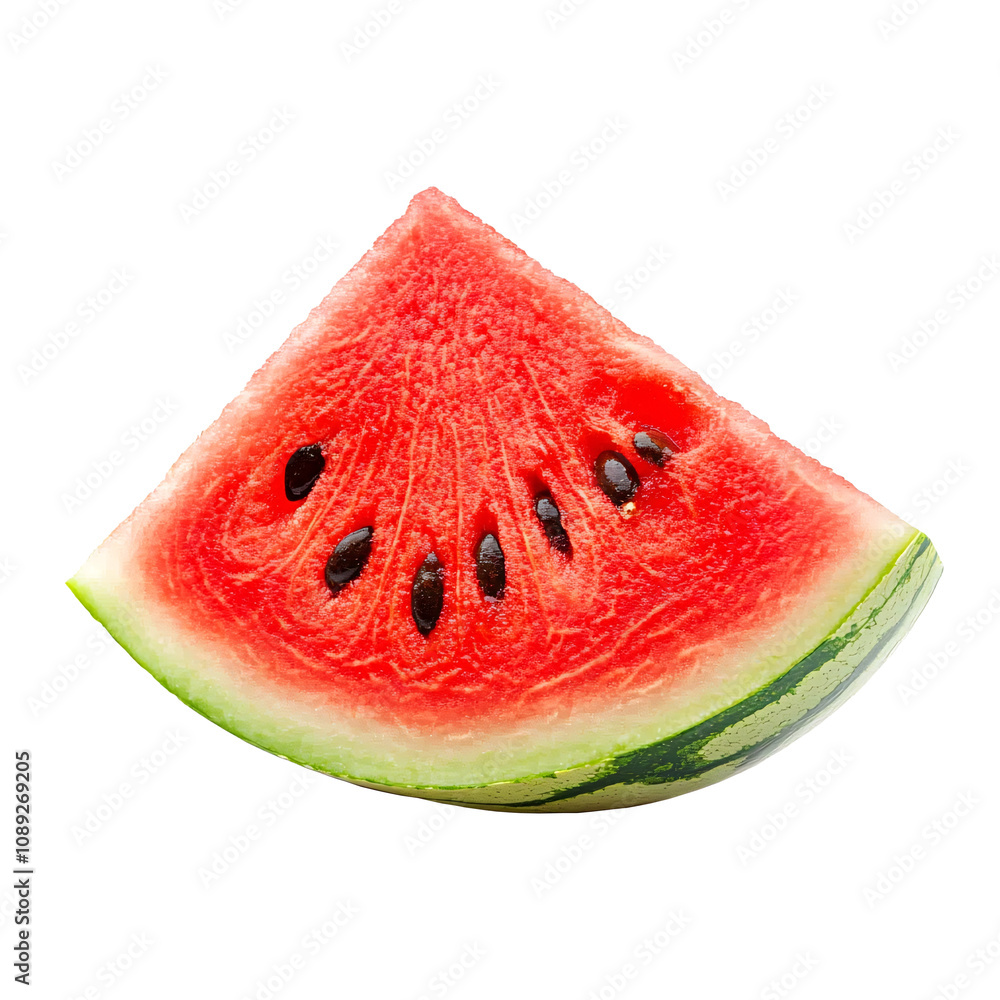 A juicy watermelon slice with seeds on a white background A juicy watermelon slice with seeds on a white background