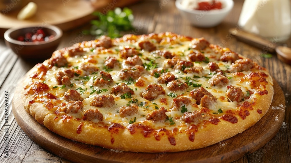 Savory pizza featuring golden crust, generous sausage topping, gooey melted cheese, and a sprinkle of fresh herbs on a wooden serving board. Savory pizza featuring golden crust, generous sausage topping, gooey melted cheese, and a sprinkle of fresh herbs on a wooden serving board.