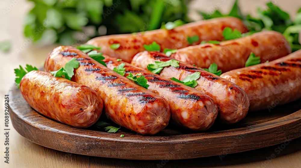 Grilled Thai sausages on rustic platter, warm tones, cozy comfort meal, spicy and inviting street food Cozy thai food. Grilled Thai sausages on rustic platter, warm tones, cozy comfort meal, spicy and inviting street food Cozy thai food.