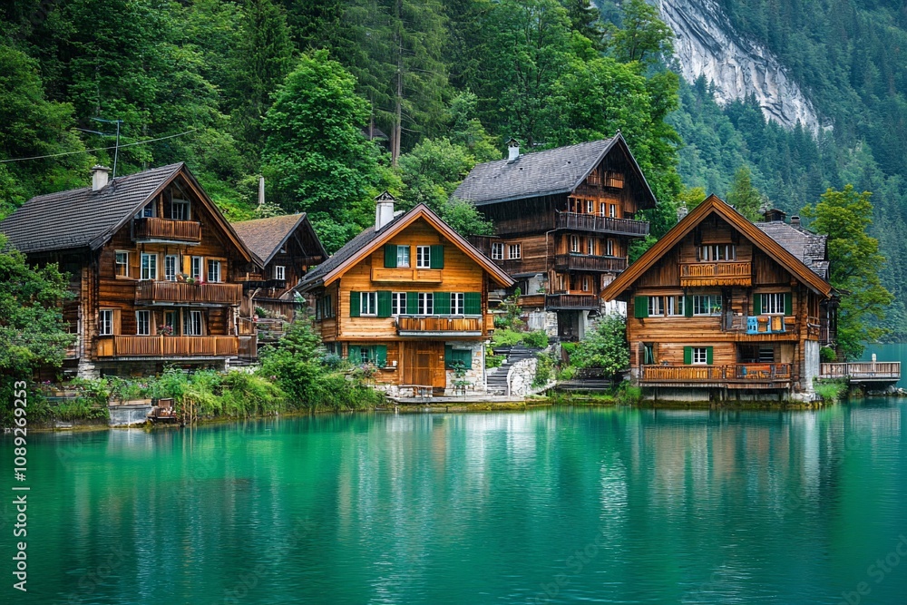 Serene Swiss Landscape with Charming Wooden Houses Serene Swiss Landscape with Charming Wooden Houses