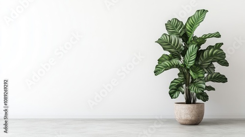 Lush Calathea Orbifolia with striking striped leaves in a neutral pot, elegantly showcased against a clean white backdrop. photo