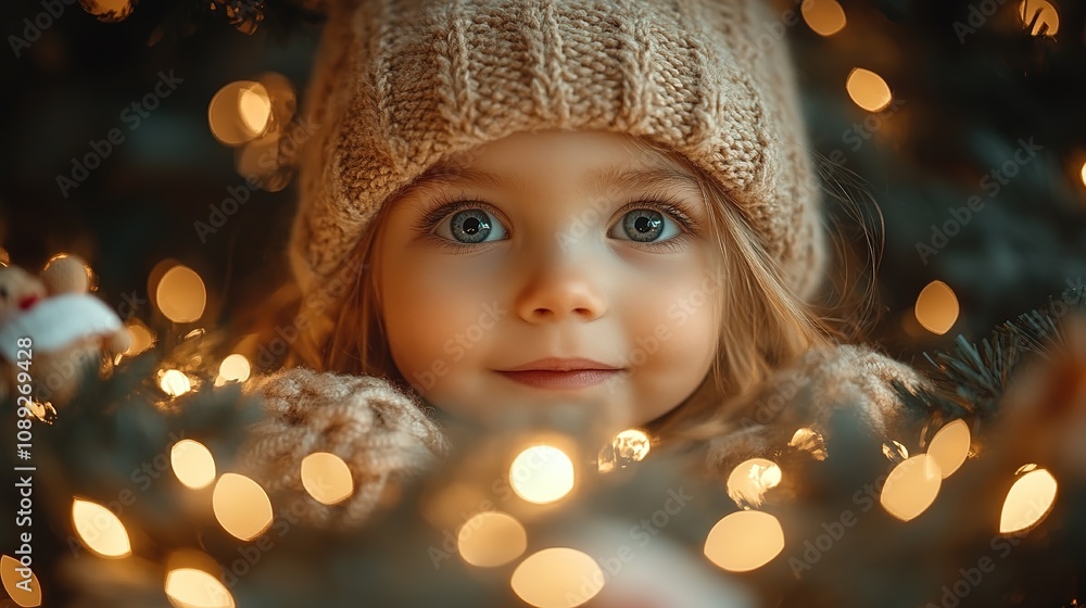 A child in a santa claus hat opens a christmas present while next to the christmas tree. A child in a santa claus hat opens a christmas present while next to the christmas tree.