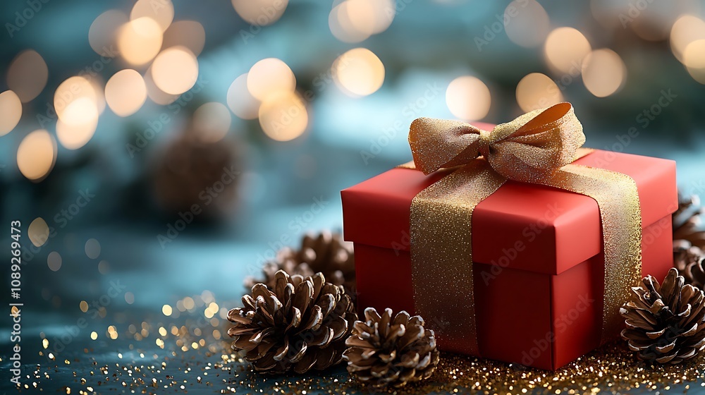A vibrant red gift box adorned with a luxurious gold ribbon stands out amongst a bed of pinecones and shimmering gold glitter, adding a touch of elegance to the festive holiday scene. A vibrant red gift box adorned with a luxurious gold ribbon stands out amongst a bed of pinecones and shimmering gold glitter, adding a touch of elegance to the festive holiday scene.