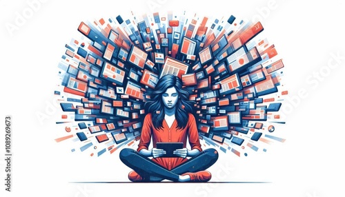 Digital information overload concept featuring a person surrounded by overwhelming flow of data and technology in a flat art vector illustration, emphasizing modern digital lifestyle challenges.