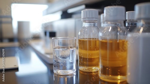 Laboratory setup for testing innovative catalysts in water purification, showcasing clear and contaminated water samples in glass containers.