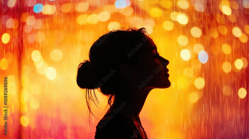 Silhouetted woman in light rain against a vibrant, glowing background with warm, colorful bokeh lights creating a dreamy atmosphere. Silhouetted woman in light rain against a vibrant, glowing background with warm, colorful bokeh lights creating a dreamy atmosphere.