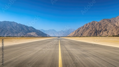 Vacant runway stretching towards majestic mountains under a vibrant blue sky, perfect for travel and aviation photography themes.