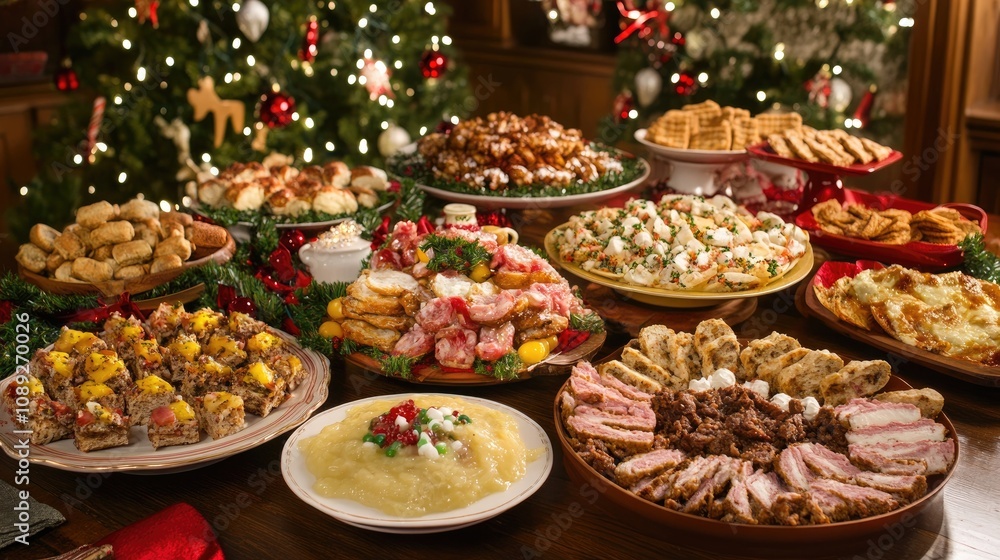 Festive dining table overflowing with diverse holiday dishes and treats, beautifully decorated with vibrant ornaments and a sparkling Christmas tree backdrop. Festive dining table overflowing with diverse holiday dishes and treats, beautifully decorated with vibrant ornaments and a sparkling Christmas tree backdrop.