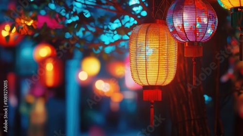 Illuminated lanterns glow warmly in a vibrant night scene, surrounded by colorful bokeh lights and foliage.