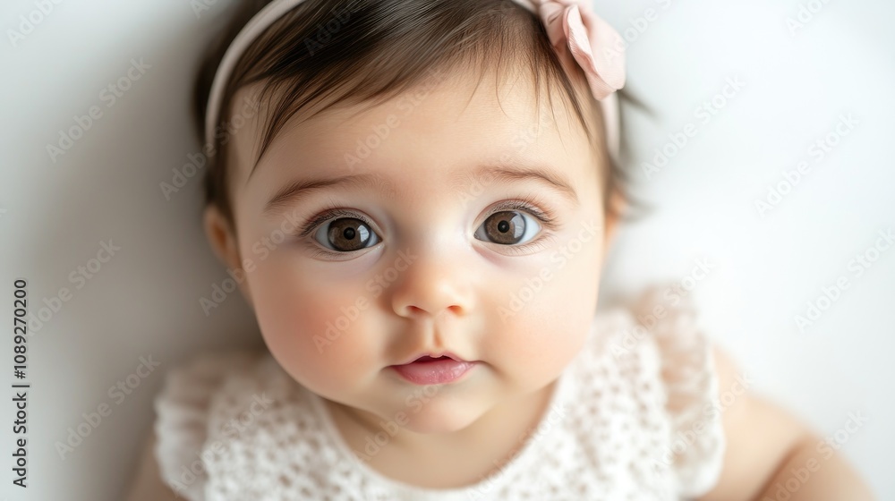 Adorable baby girl with big expressive eyes and a delicate headband, showing a distressed expression against a soft white background. Adorable baby girl with big expressive eyes and a delicate headband, showing a distressed expression against a soft white background.
