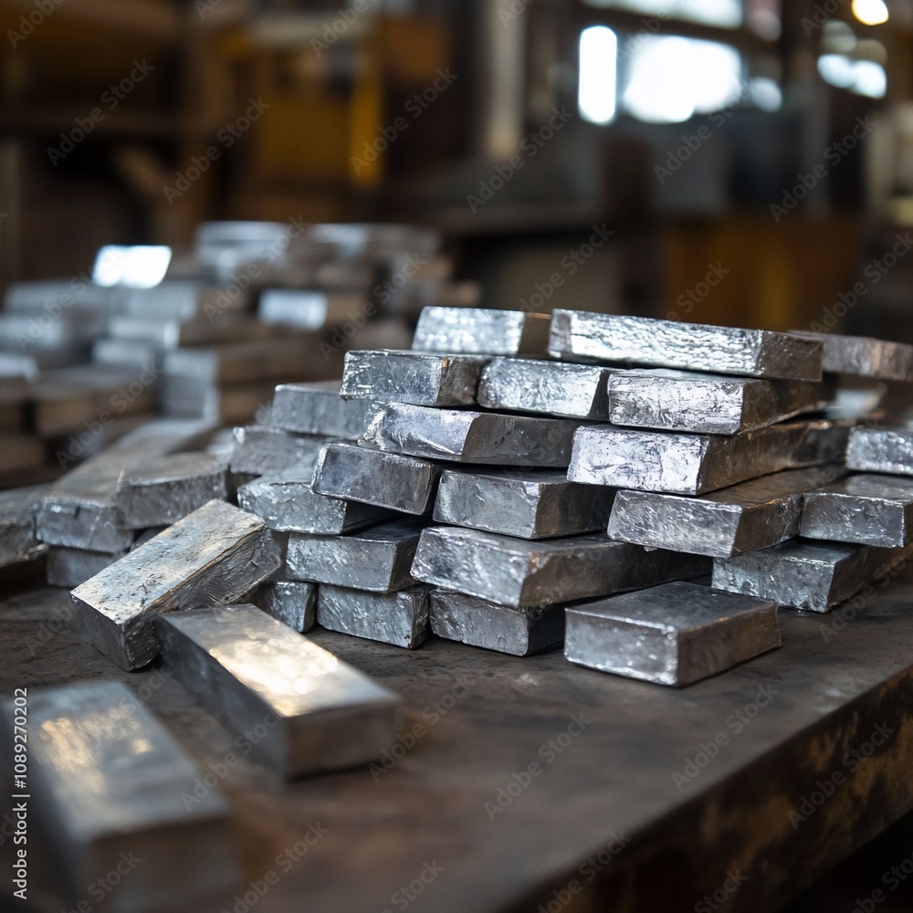 Zinc Bars Stacked in Modern Alloy Factory Setting Zinc Bars Stacked in Modern Alloy Factory Setting
