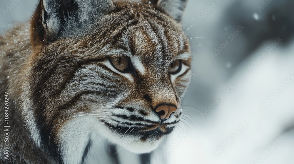 Close-up portrait of a lynx showcasing its striking facial features and piercing eyes set against a softly blurred snowy background. Close-up portrait of a lynx showcasing its striking facial features and piercing eyes set against a softly blurred snowy background.