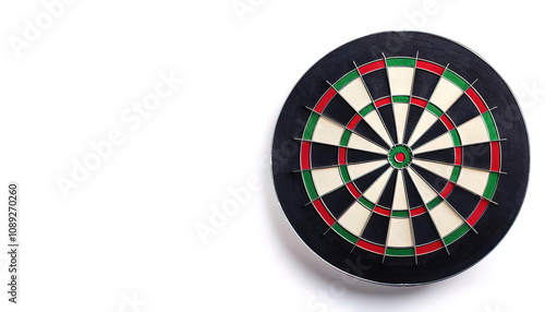 Darts or dart throwing is a competitive sport in which two or more players bare handedly throw small sharp pointed projectiles at a round target known as a dart board. Isolated on white background photo