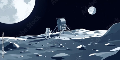 A vector illustration of a lunar module launching and landing on the moon, with an astronaut sitting on the lunar surface observing, cosmic achievement, vector illustration photo