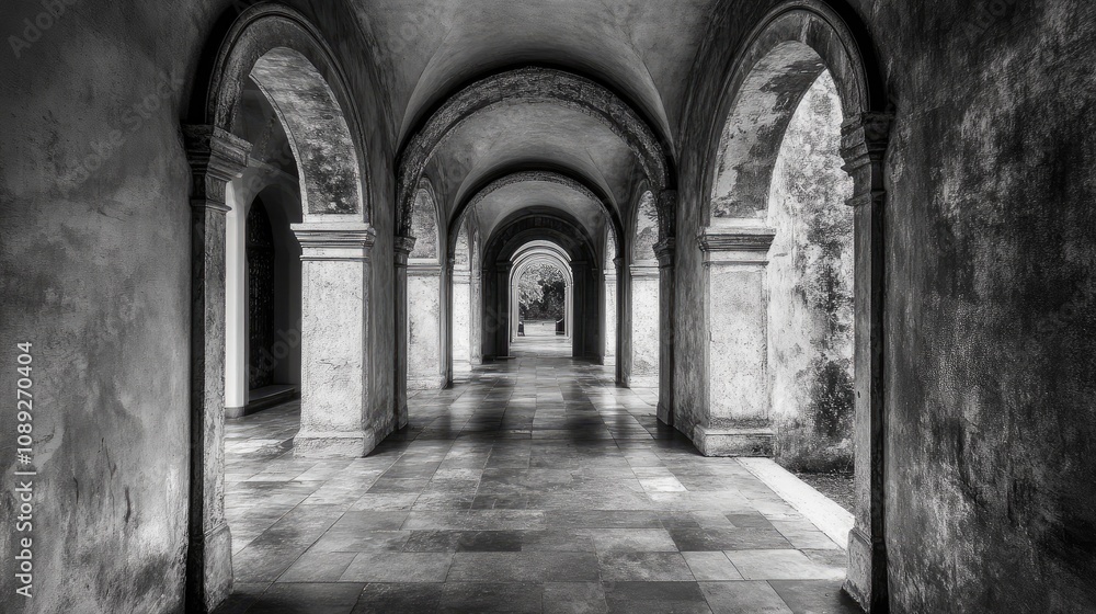 Obraz premium Arched corridor showcasing intricate architectural details with a tiled floor and dimly lit passage creating a moody, timeless atmosphere.