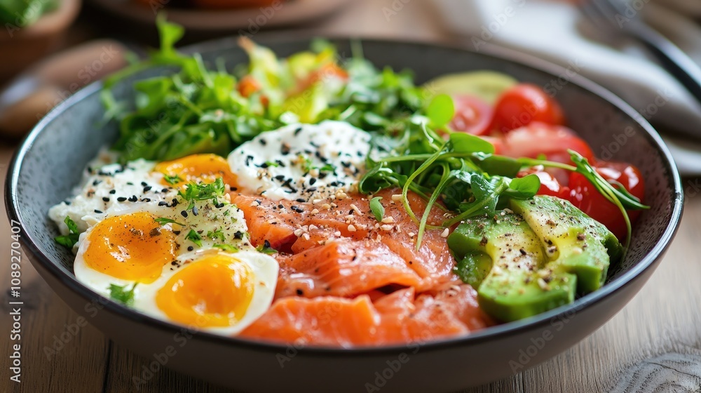 Vibrant and nutritious bowl featuring smoked salmon, avocado, poached eggs, fresh greens, and cherry tomatoes, beautifully arranged for a healthy meal. Vibrant and nutritious bowl featuring smoked salmon, avocado, poached eggs, fresh greens, and cherry tomatoes, beautifully arranged for a healthy meal.