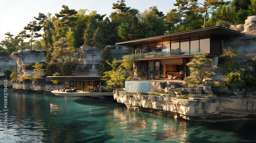 Modern lakeside villa nestled in the cliffs. AI Generated Modern lakeside villa nestled in the cliffs. AI Generated