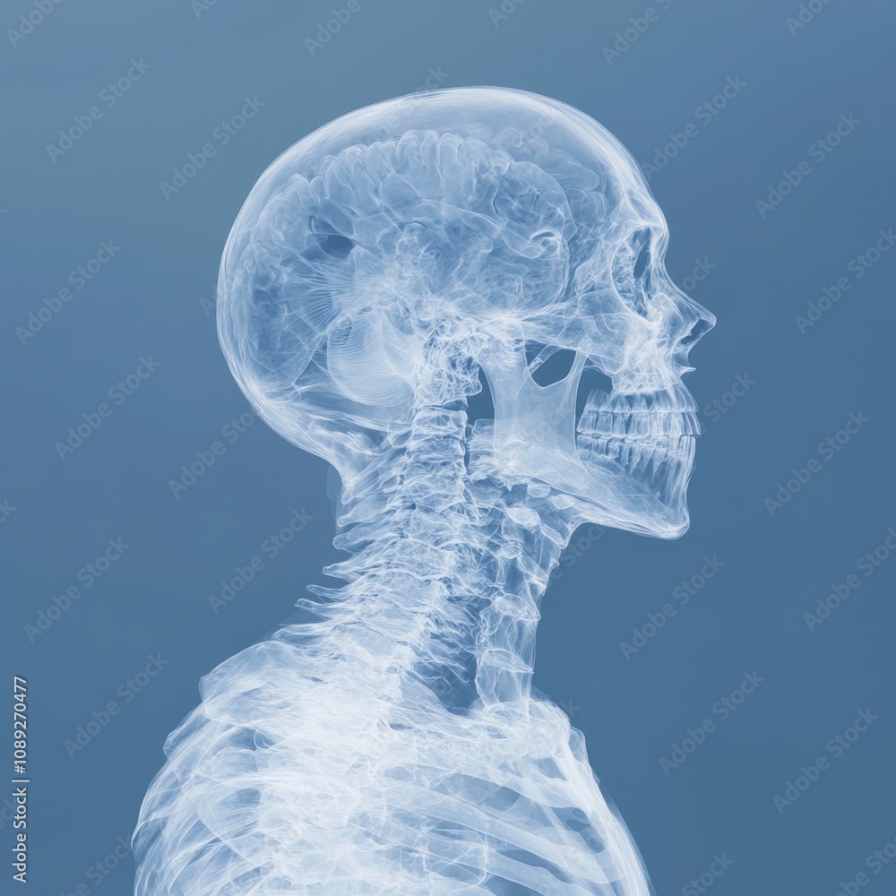 detailed xray image of a human skull and spine for medical analysis detailed xray image of a human skull and spine for medical analysis