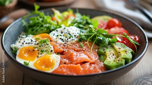 Vibrant and nutritious bowl featuring smoked salmon, avocado, poached eggs, fresh greens, and cherry tomatoes, beautifully arranged for a healthy meal.