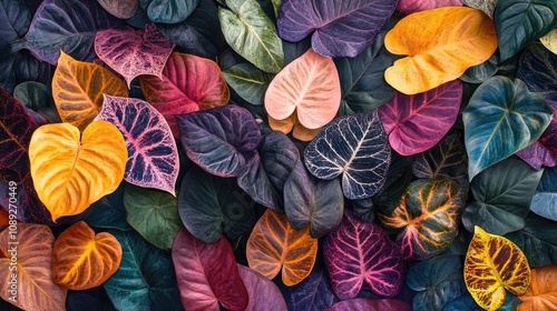 Wallpaper Mural Vibrant close-up of tropical foliage displaying an array of intricate leaf patterns in rich hues of green, purple, yellow, and pink. Torontodigital.ca
