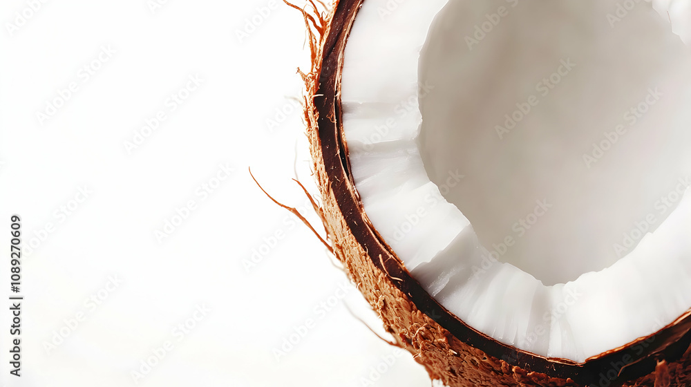 Close-up of a halved coconut showcasing its white flesh and brown husk against a bright white background. Perfect for health, tropical, or food-related projects. Close-up of a halved coconut showcasing its white flesh and brown husk against a bright white background. Perfect for health, tropical, or food-related projects.
