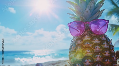 Pineapple with vibrant purple sunglasses posing against a bright sunny beach with sparkling blue ocean waves and palm trees in the background photo