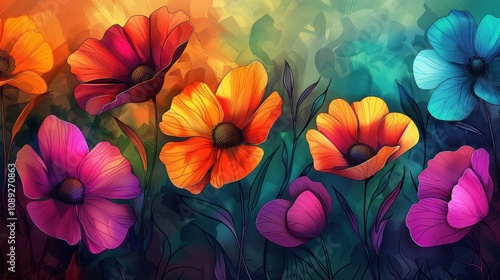 Vibrant colorful flowers in artistic painting style.