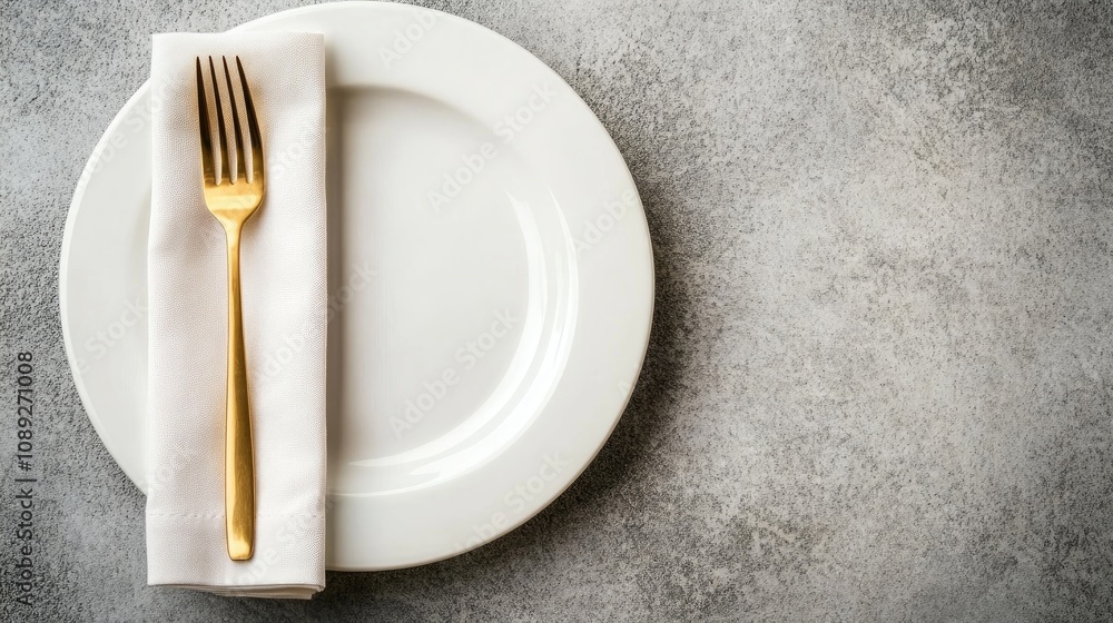 Contemporary table setting with white plates, elegant gold cutlery, and folded napkin on a grey concrete surface ideal for restaurant or cafe menus. Contemporary table setting with white plates, elegant gold cutlery, and folded napkin on a grey concrete surface ideal for restaurant or cafe menus.