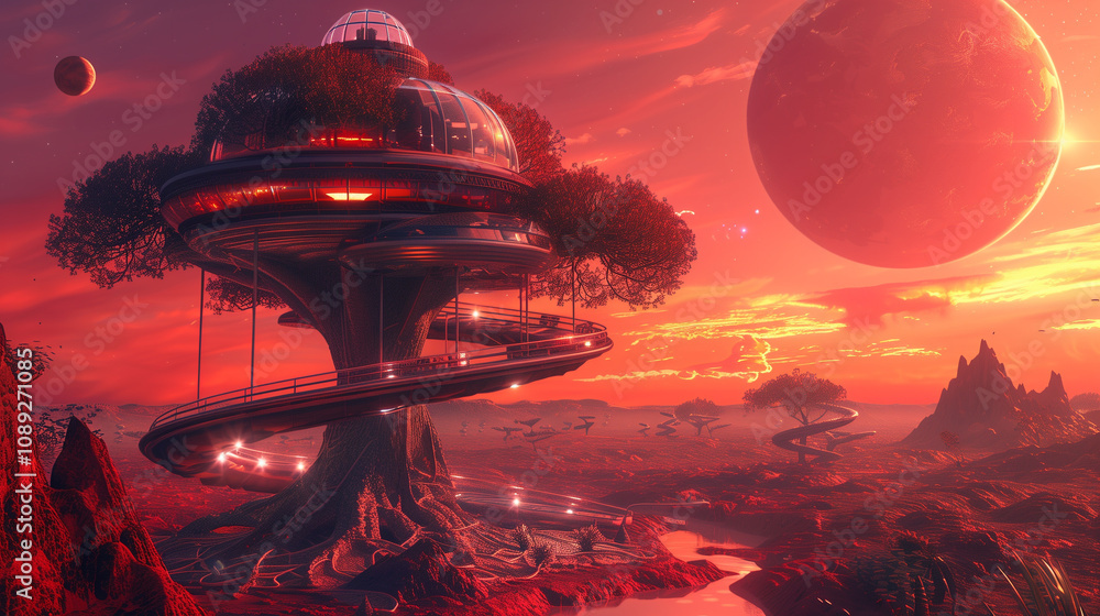 A futuristic tree house on an alien planet. AI Generated A futuristic tree house on an alien planet. AI Generated